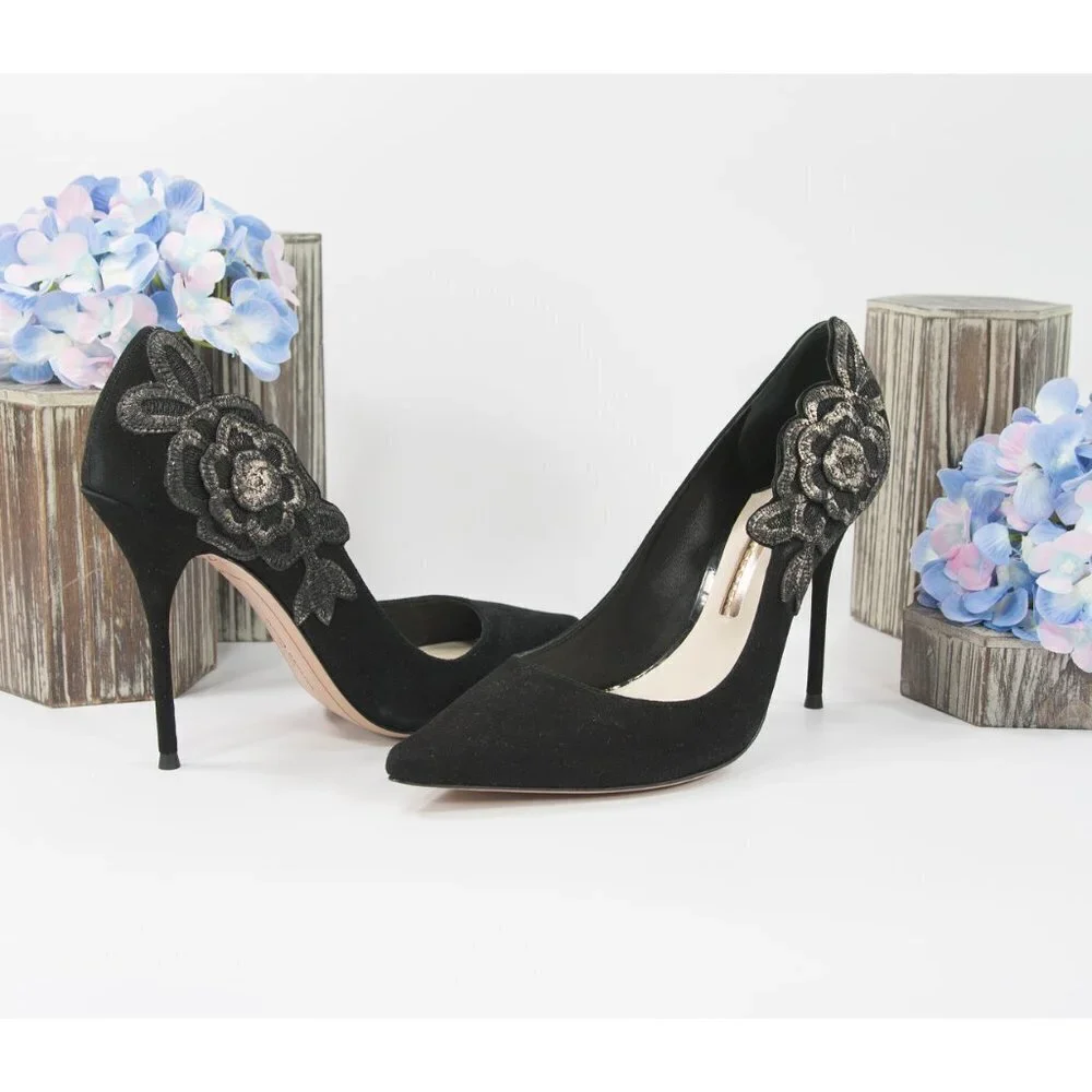 Sophia Webster Black Floral Applique Suede Heels - Picture 4 of 8